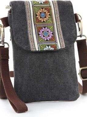 NEW Embroidered Canvas Flip Crossbody Bag Cell Phone Pouch Wristlet Coin Purse
